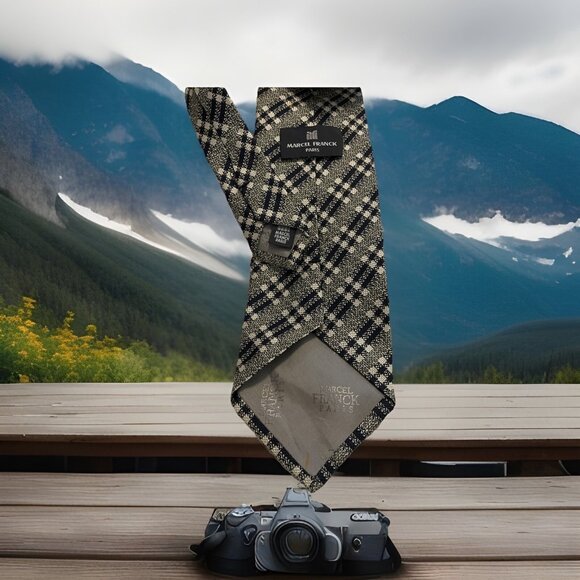 Vintage Black And‎ White Plaid Marcel Franck Paris 100% Silk  Necktie Old Money - Picture 2 of 10